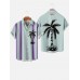 1960s LightCyan and MediumPurple Stripe Coconut Tree Printing Men's Short Sleeve Shirt